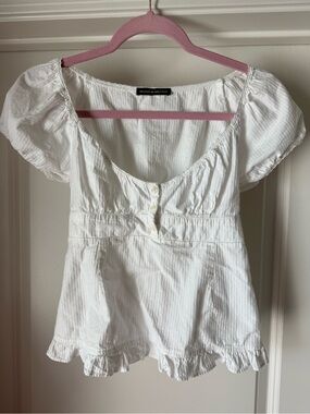 Brandy Melville White Low Neck Puff Sleeve Top Sz Small